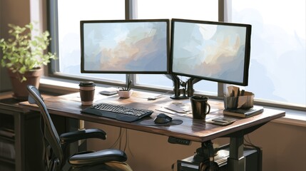 Fototapeta premium A modern, ergonomic home office setup with a wooden desk, two computer monitors, a chair, and a potted plant in front of a window.