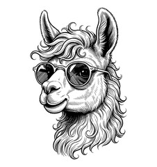 Fototapeta premium Llama wearing cool sunglasses with a friendly smiling expression in detailed black and white line art drawing