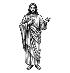 Fototapeta premium Jesus Christ standing calmly with long hair and beard gesturing with open hand in black and white line art illustration