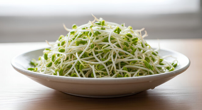 Fresh organic bean sprouts on a white ceramic plate over wooden table