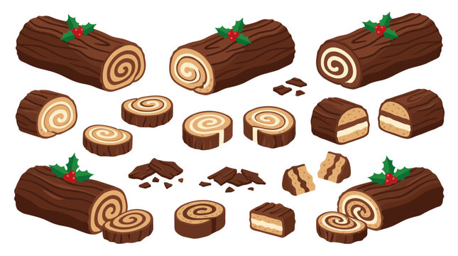 Set of yule log cake slices and whole rolls decorated with holly, christmas dessert collection, festive food, sweet chocolate sponge, holiday bakery