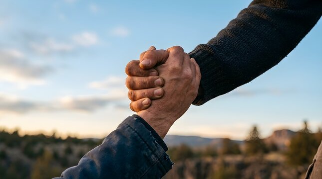 Helping hands symbolizing support, trust and teamwork outdoors