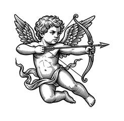 Obraz premium Flying Cupid aiming bow and arrow with focused serious expression in detailed vintage line art engraving