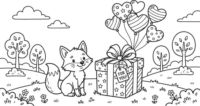 Cute fox with a gift and heart balloons for coloring page isolated on white background, illustration