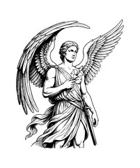Obraz premium Noble European Male Angel Standing Holding a White Lily and Sword with Calm Expression in Detailed Line Art