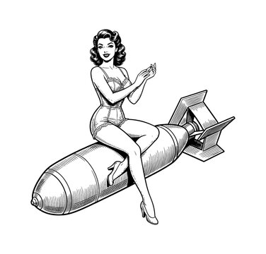 Pinup woman with curly hair sitting on a large bomb smiling in a confident alluring pose