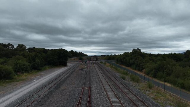 View of multiple railway tracks running through a forested rural area. Railway switches visible on the gravel bed. Dense green trees line both sides. Dirt road on the left, fenced path on the right. O