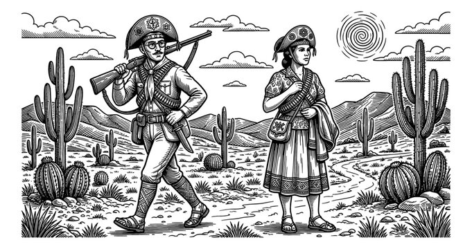 Brazilian Northeastern cangaceiro and woman in traditional attire walking stoically through a desert landscape with cacti
