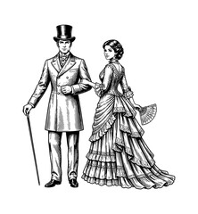 Obraz premium Victorian Era Elegant Caucasian Couple Formal Attire Posing Calmly Classic Black White Engraving Style