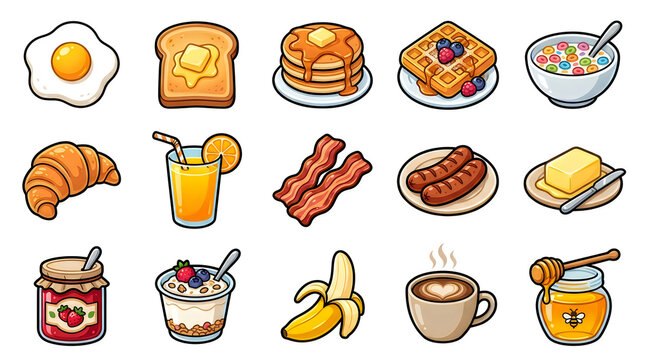 Set of colorful breakfast food icons featuring eggs toast pancakes waffles cereal croissant juice bacon sausage butter jam yogurt banana coffee and honey for morning meal and restaurant menu design