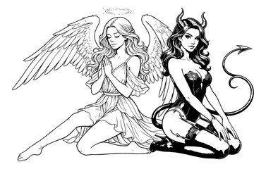 Obraz premium Serene Caucasian Angel Woman Kneeling in Prayer Next to a Seductive Devil Woman Pinup Pose Line Art
