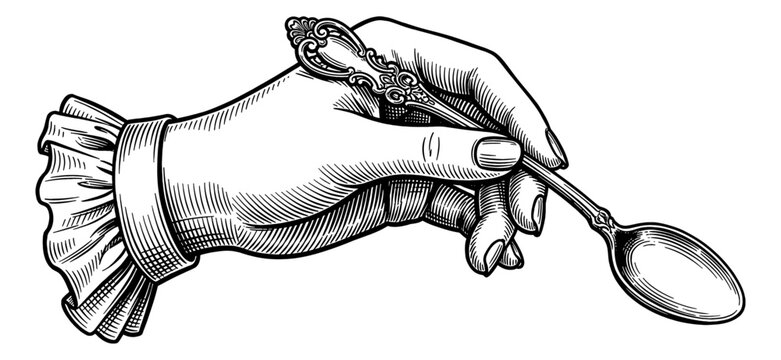 Elegant Hand Grasping a Decorative Vintage Silver Spoon with Ruffled Sleeve Cuff in Detailed Engrave Style Illustration