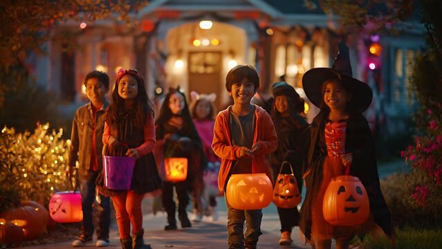 Group of Happy Children Trick or Treating on Halloween Night.