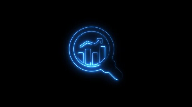 Glowing neon magnifying search icon on glowing neon business graphs and financial growth and profit through data analysis and graph sign animation