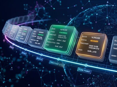 Blockchain explorer interface showing glowing block metrics, validator status, timestamp data, and fork point timeline