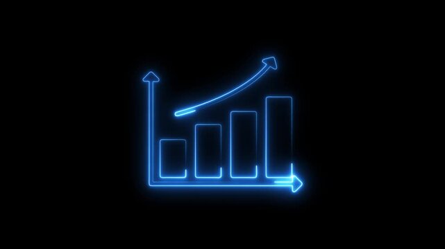 Neon business graph chart icon animation background. Neon business growth and up arrow icon  concept. Glowing neon business graph chart icon animation background.