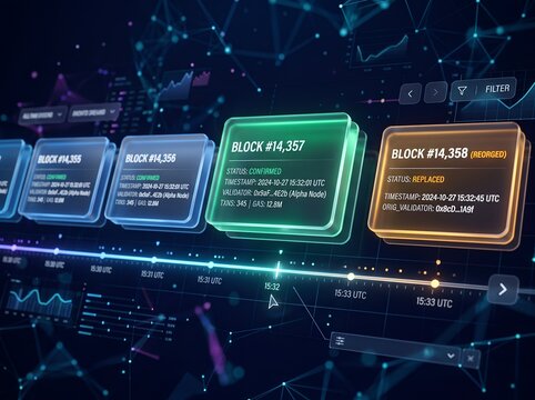 Blockchain explorer dashboard showing detailed block status confirmed reorged height timestamps and validator analytics interface