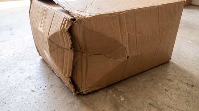 Crushed cardboard shipping box left on concrete floor showing damage from poor handling during delivery