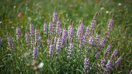Obraz premium A field of purple and white flowers growing among green grass and wildflowers in a natural outdoor setting.