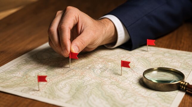 riskmsngement. Hand placing red flag pins on a map with a magnifying glass nearby on a wooden table.