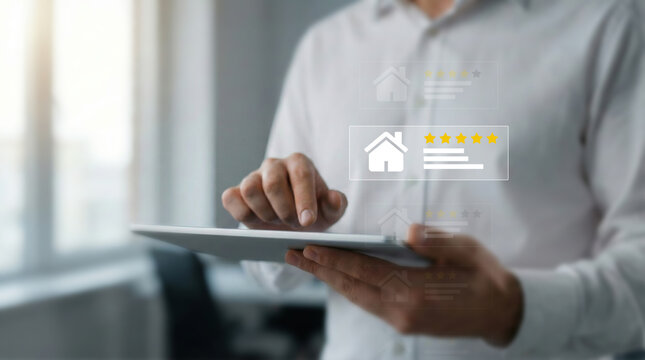 Midsection of businessman using digital tablet to rate real estate property with five stars icon.