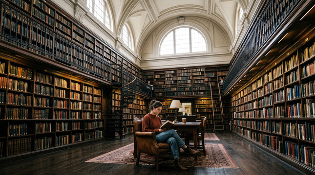 Young woman reading a book in a grand historic library with high ceilings and wooden bookshelves.