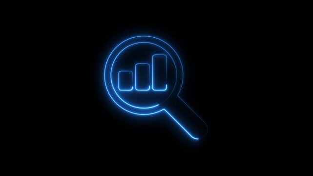 Glowing neon magnifying search icon on glowing neon business graphs and financial growth and profit through data analysis and graph sign animation.