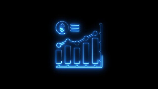 Glowing neon business graph with rising arrow icon on black background. Abstract neon line business graph animation. neon business growth and success concept icon 4k video.