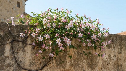 Obraz premium Pink and white flowering plant growing over a stone wall.