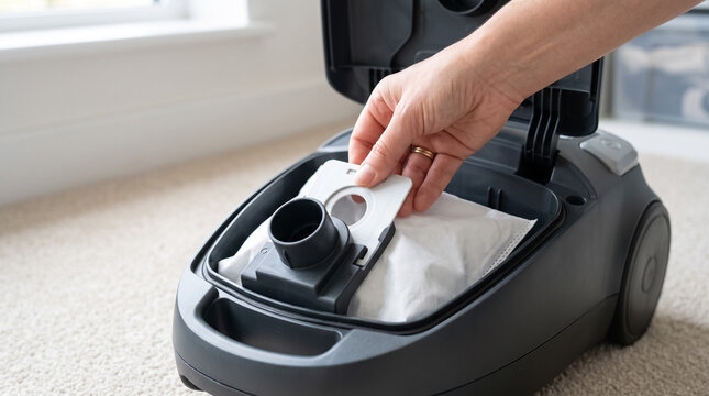 Hand inserting a clean bag into a vacuum cleaner, a maintenance task for home hygiene and domestic chores