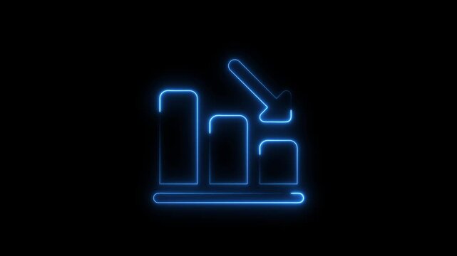 Abstract glowing neon business graph growth arrow down arrow. neon arrow business graph icon animation. Growing market trend concept. on a black background.4k motion video