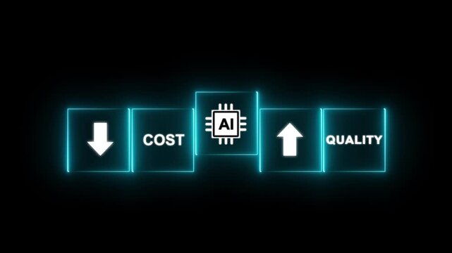 AI Driven Cost Reduction and Quality Improvement. Placing AI block between cost down and quality up. Artificial intelligence optimizing business efficiency, lowering costs, improving product