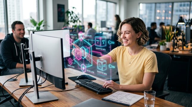 Professional Woman Using Advanced Virtual Interface in Modern Office Workspace