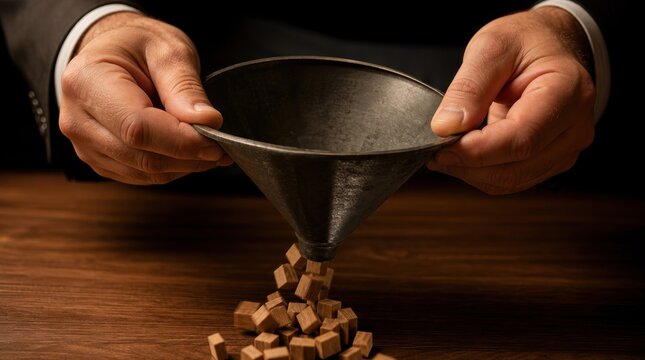 riskmsngement. Hands holding a funnel pouring scattered wooden blocks on a wooden surface, symbolizing filtering or sorting.