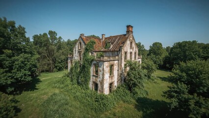Fototapeta premium Abandoned house overgrown with greenery surrounded by trees and grass under a clear blue sky.