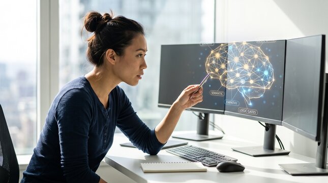 Woman analyzing neural network artificial intelligence on triple screen monitor