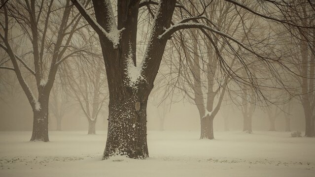 Winter landscape with trees in snow, foggy atmosphere, and bare branches. Nature scenery. Tranquil and cold environment.