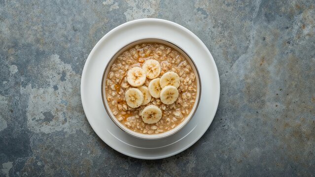 A bowl of oatmeal topped with banana slices on a white plate placed on a textured grey surface