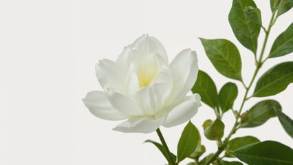 Obraz premium White gardenia flower with green leaves.