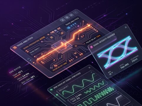 Digital circuit board diagnostic interface displaying trace analytics signal integrity waveform analysis and real time system core status metrics