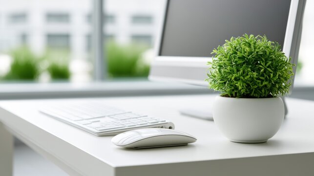A white desk with a green plant in a white pot, a white keyboard, and a white mouse on it, with a blurred office background.