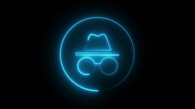 neon incognito icon isolated on black background. Incognito mode icon animation. Private mode incognito mode animation. 4k video animation