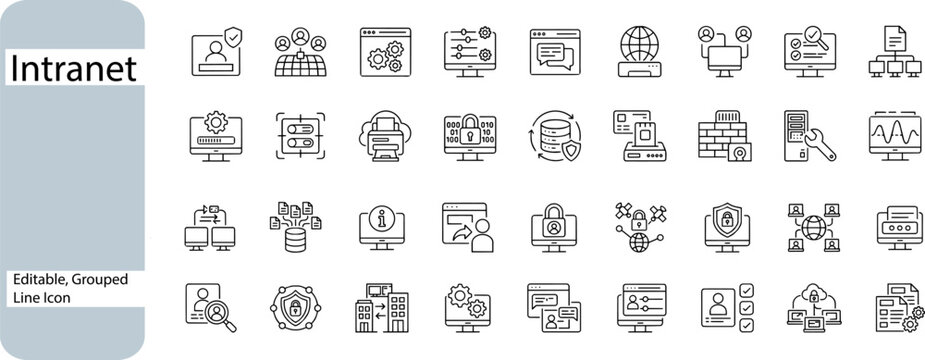 Isolated Intranet line icons set, corporate network and internal communication symbols, editable vector collection for business portal and data management ,Clean grouped each Icon