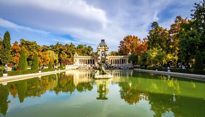 Obraz premium Autumn reflection of historic estate with pond and bridge.
