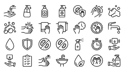 Fototapeta premium Hand Wash Hygiene Outline Icon Set for Graphic Design, Web UI and Healthcare Vector Collection