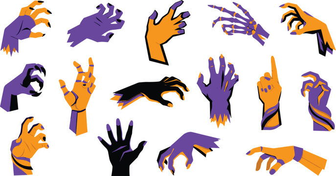 Set of scary zombie hands in different poses, halloween vector illustration of monster arms with claws