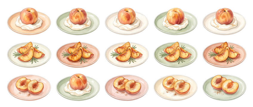 Peach watercolor illustration dessert set featuring whole peaches with cream, sliced peach wedges with rosemary, and spiced halved peaches on pastel plates isolated on a black background graphic.