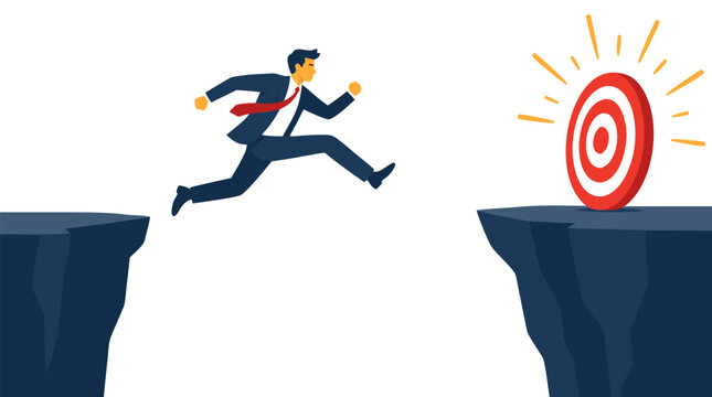 A determined businessman in a blue suit leaps across a dangerous chasm between two cliffs to reach a glowing red target on the other side, symbolizing overcoming obstacles to achieve business goals