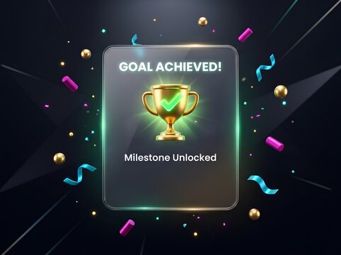 Golden trophy cup on glass card interface celebrating goal achieved and milestone unlocked with confetti background