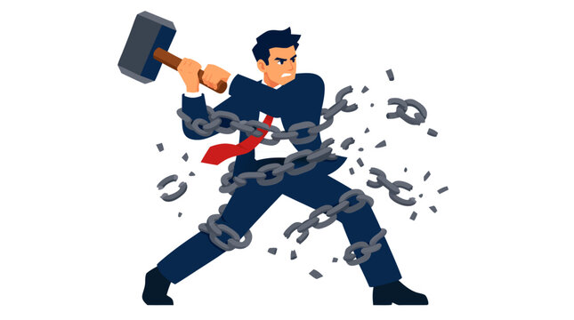 A determined businessman in a suit swinging a heavy sledgehammer to break thick metal chains wrapped around his body, symbolizing overcoming obstacles, breaking free from limitations, and success.